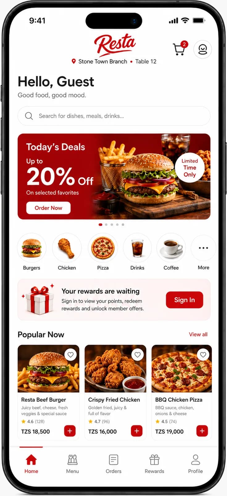Resta guest home screen showing Stone Town Branch, Table 12, a promotions banner, category shortcuts and popular items.